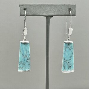 RLM SOHO Earrings Turquoise‎ Rectangle Dangle Silver Tone Long Hook Blue Stone